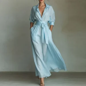 Elegancka sukienka maxi boho z koronkowym wiązaniem i kieszeniami Błękitny