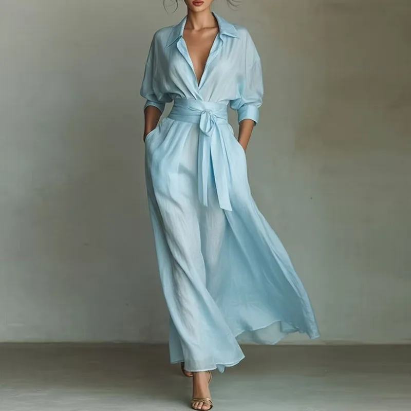 Elegancka sukienka maxi boho z koronkowym wiązaniem i kieszeniami Błękitny
