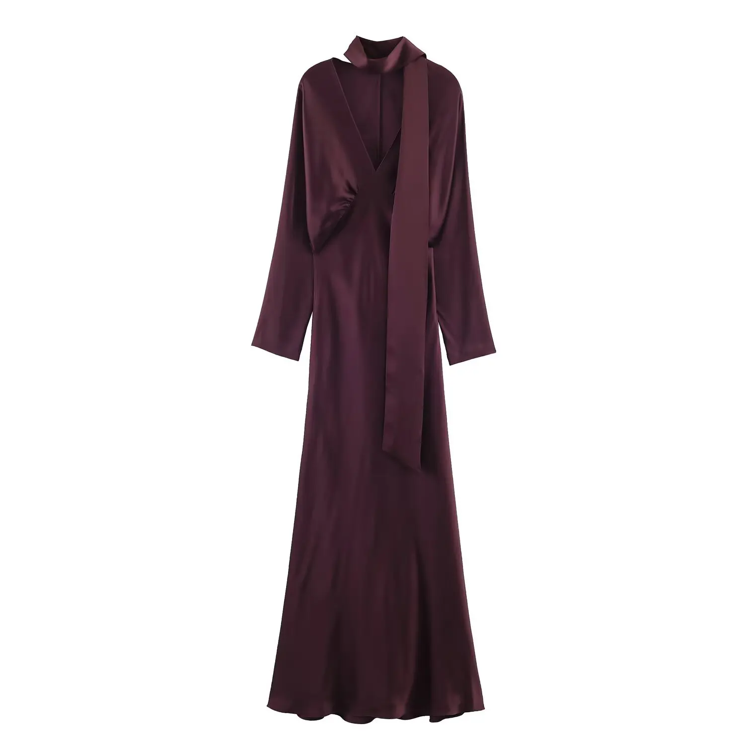 Elegancka sukienka maxi z długim rękawem i szalikiem Burgundia