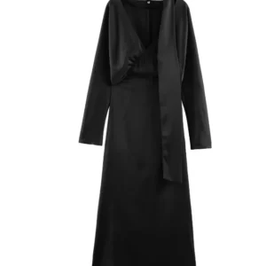 Elegancka sukienka maxi z długim rękawem i szalikiem Czarny