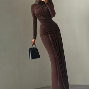 Elegancka sukienka maxi z długim rękawem Brązowy