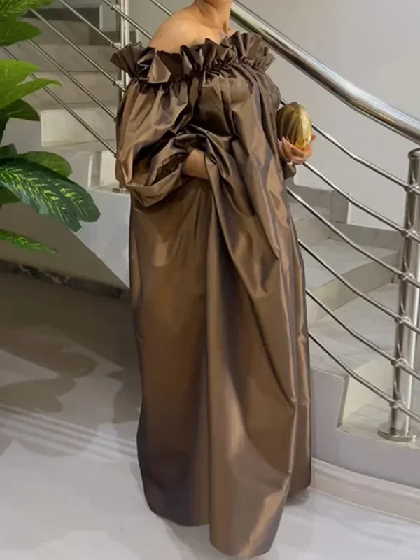 Elegancka sukienka maxi z falbankami i bufiastymi rękawami Brązowy