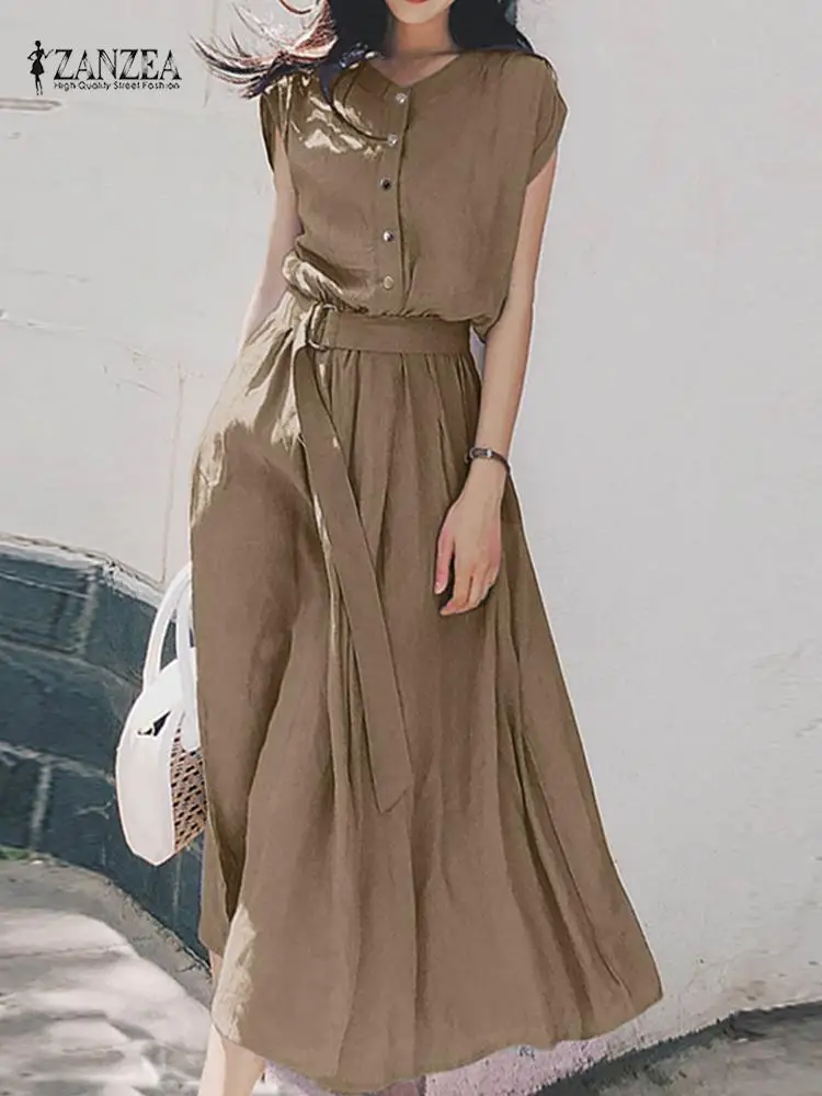 Elegancka sukienka midi z krótkim rękawem na lato Khaki