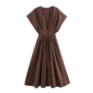 Elegancka sukienka midi z popeliny w stylu vintage Brązowy