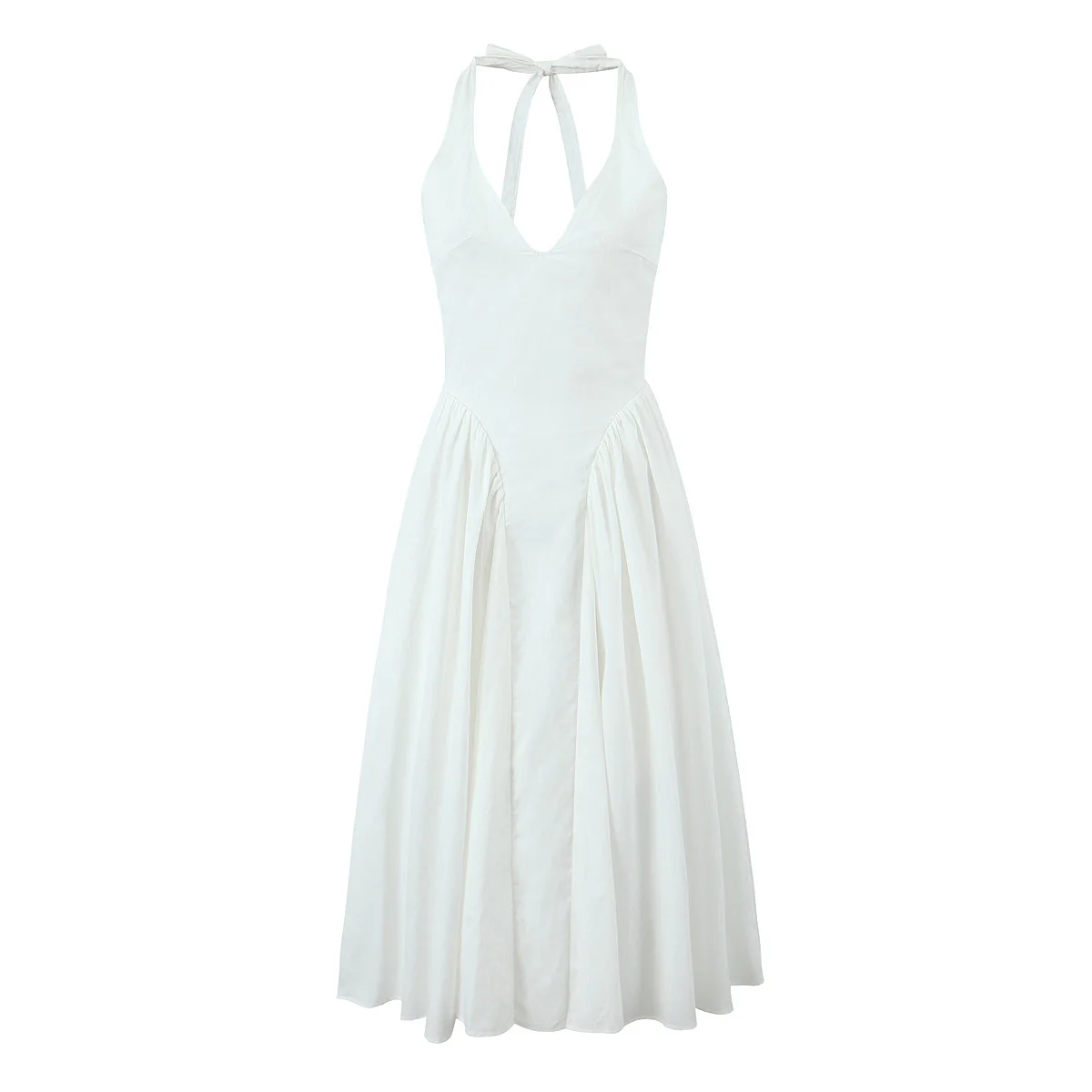 Elegancka sukienka midi z odkrytymi plecami — wiązana na szyi w stylu halter Biały