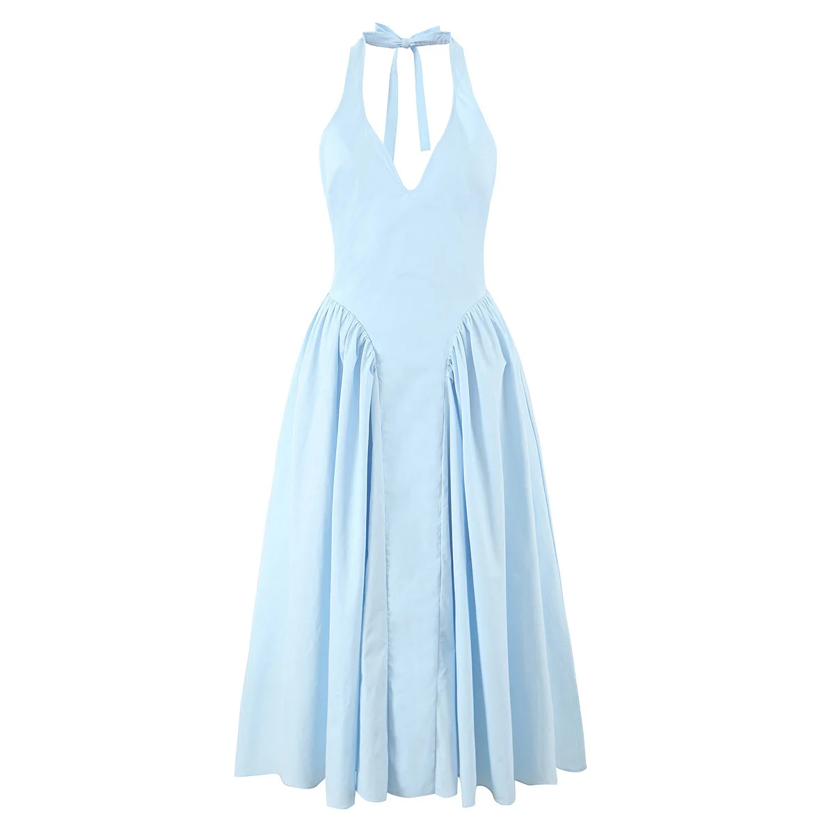 Elegancka sukienka midi z odkrytymi plecami — wiązana na szyi w stylu halter Błękitny