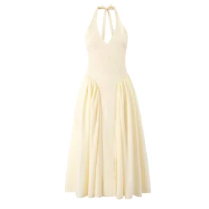 Elegancka sukienka midi z odkrytymi plecami — wiązana na szyi w stylu halter Żółty