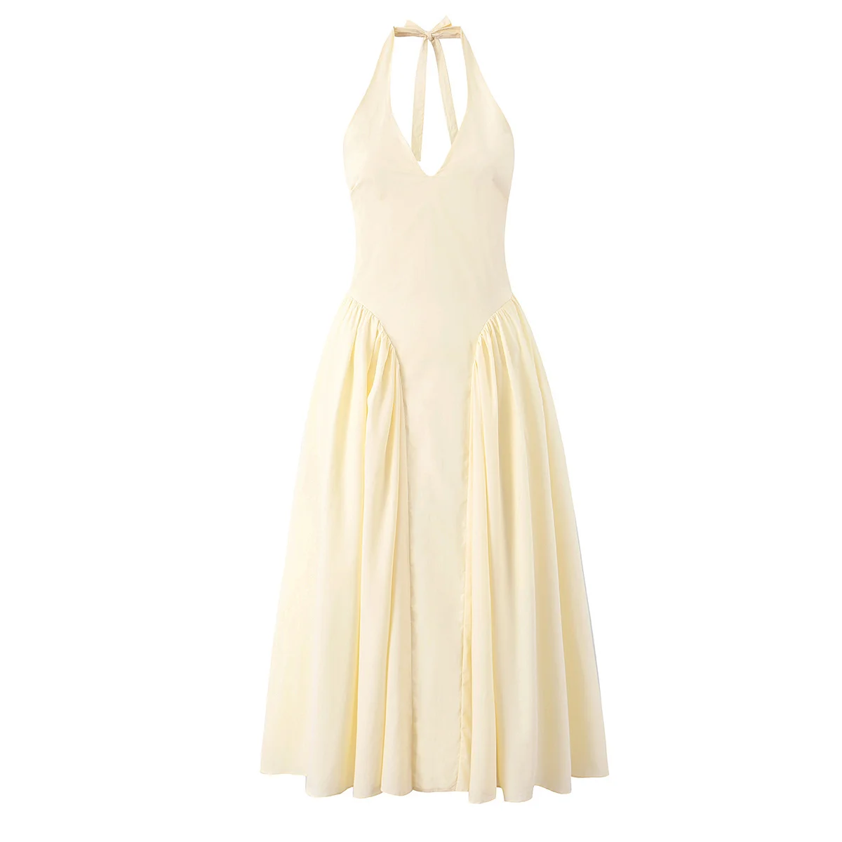 Elegancka sukienka midi z odkrytymi plecami — wiązana na szyi w stylu halter Żółty