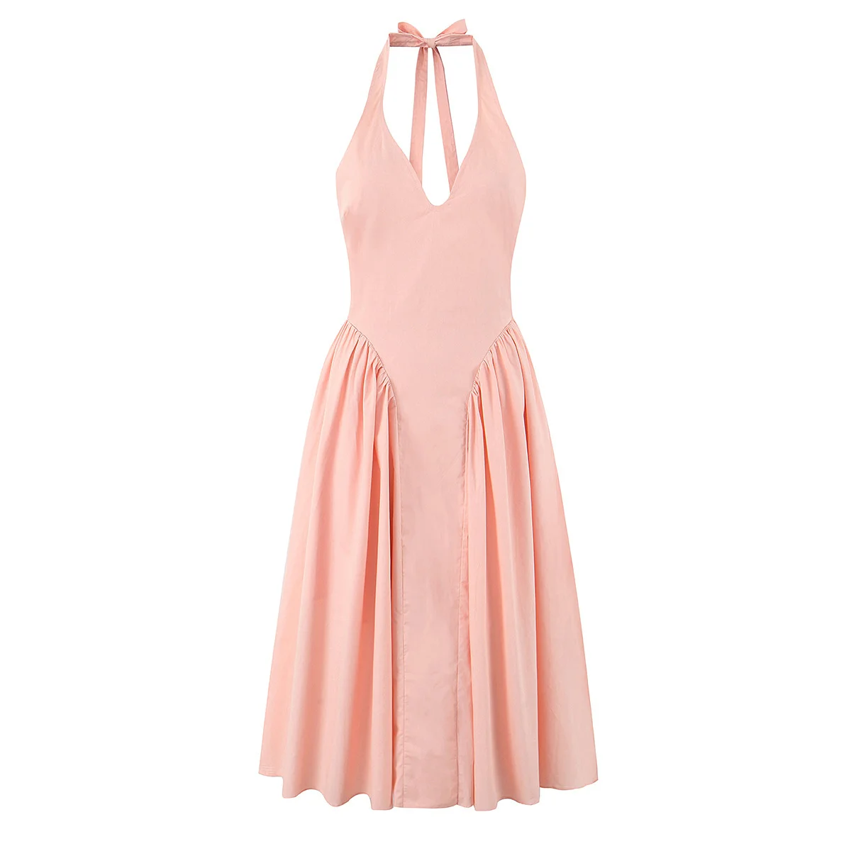 Elegancka sukienka midi z odkrytymi plecami — wiązana na szyi w stylu halter Różowy