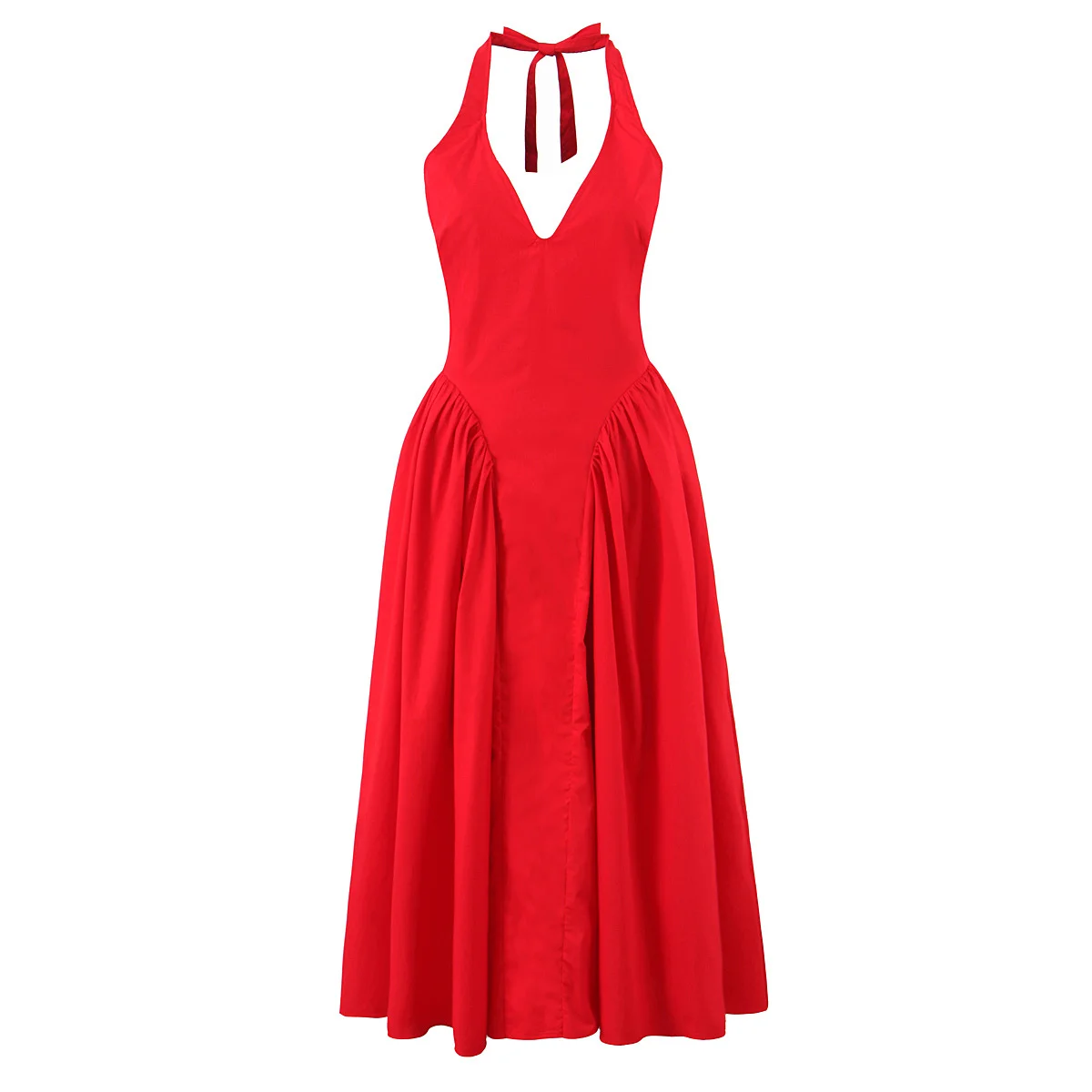 Elegancka sukienka midi z odkrytymi plecami — wiązana na szyi w stylu halter Czerwony