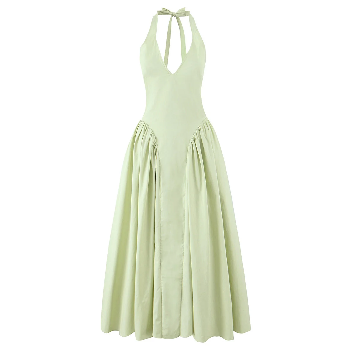 Elegancka sukienka midi z odkrytymi plecami — wiązana na szyi w stylu halter Zielony