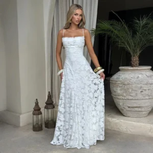 Elegancka sukienka szyfonowa z odkrytymi plecami na wesele Beżowy