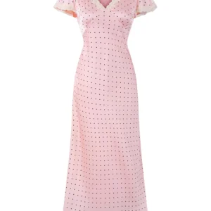 Elegancka sukienka w kropki z koronką i falbanką Chu Sau Beauty Różowy