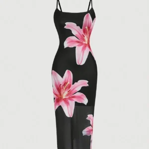 Elegancka sukienka w kwiaty resort style na lato Czarny