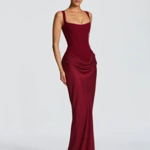 Elegancka suknia maxi bez ramiączek z plisami i rozcięciem Khaki