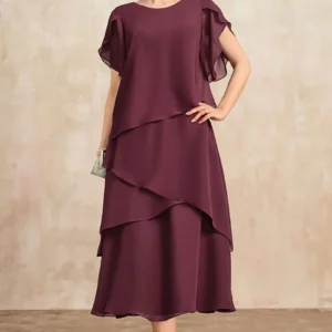 Elegancka szyfonowa sukienka maxi z rękawem kwiatowym Burgundia