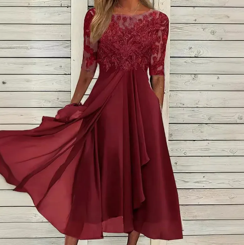Elegancka szyfonowa sukienka z krótkim rękawem Borgoña