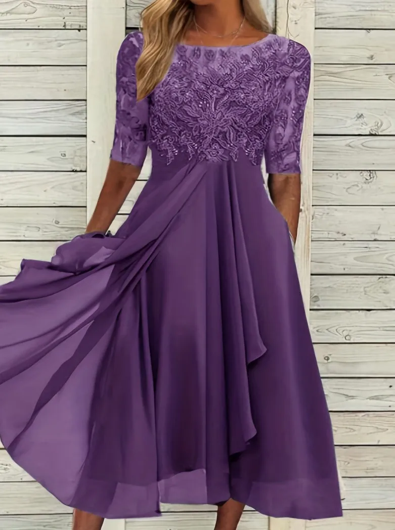 Elegancka szyfonowa sukienka z krótkim rękawem Fioletowy