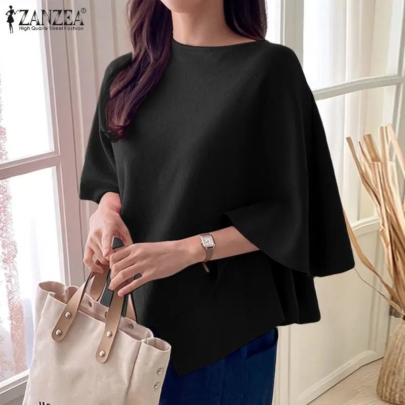 Elegancka tunika z falbanką na dole i rękawem 3/4 ZANZEA Czarny