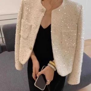 Elegancka tweedowa kurtka damska z cekinami na jesień Biały
