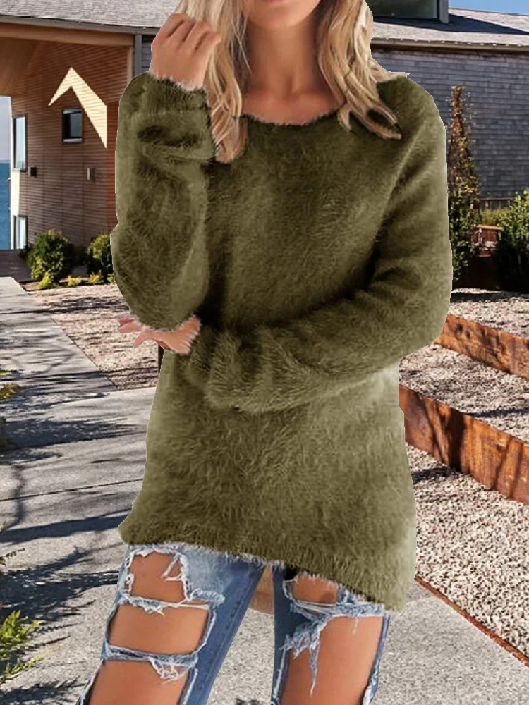 Elegancki dzianinowy sweter damski z długim rękawem Armijna zieleń