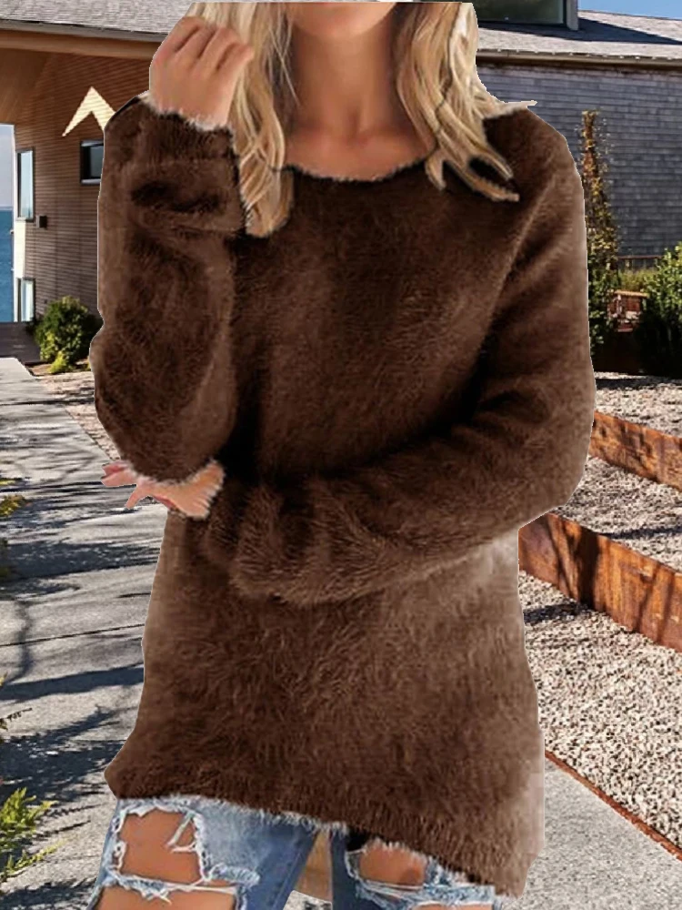 Elegancki dzianinowy sweter damski z długim rękawem Brązowy