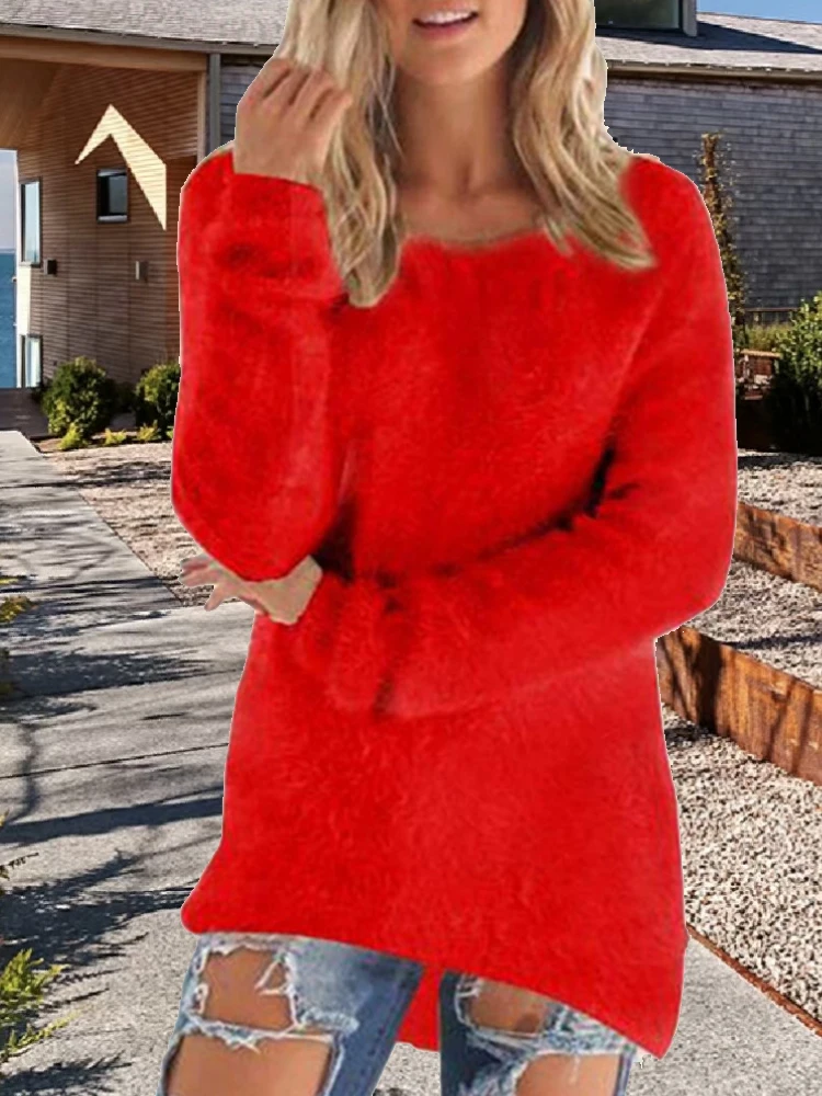 Elegancki dzianinowy sweter damski z długim rękawem Czerwony