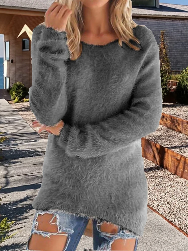 Elegancki dzianinowy sweter damski z długim rękawem Szary