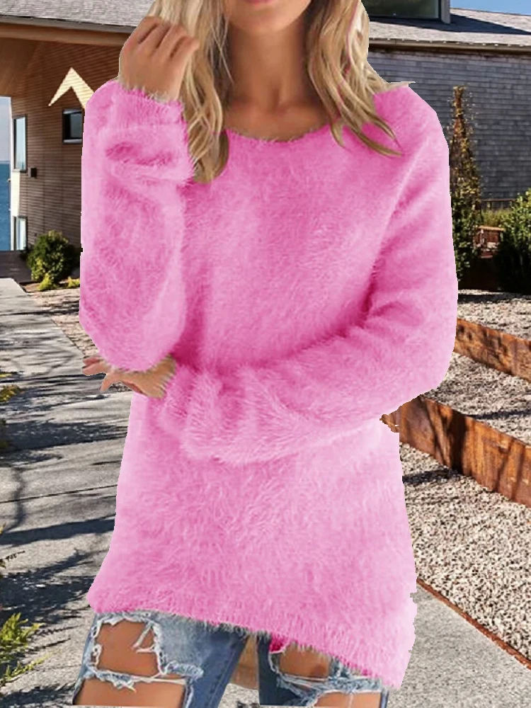 Elegancki dzianinowy sweter damski z długim rękawem Amarantowy