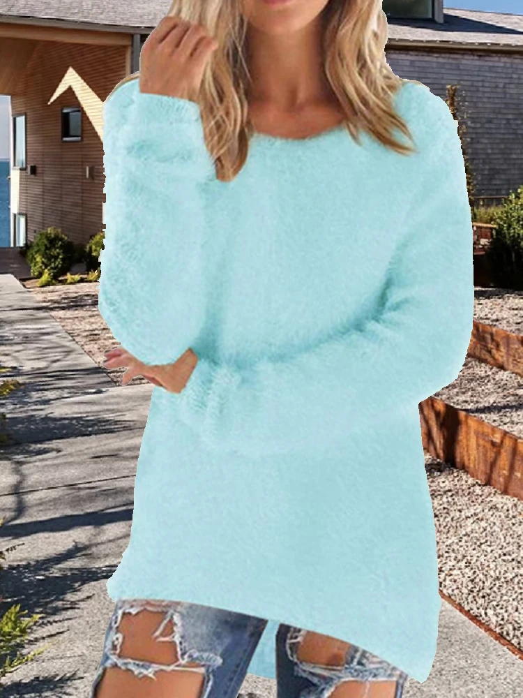 Elegancki dzianinowy sweter damski z długim rękawem Błękitny
