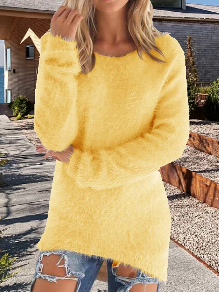Elegancki dzianinowy sweter damski z długim rękawem żółty