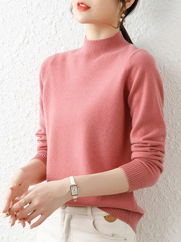 Elegancki dzianinowy sweter z golfem Różowy