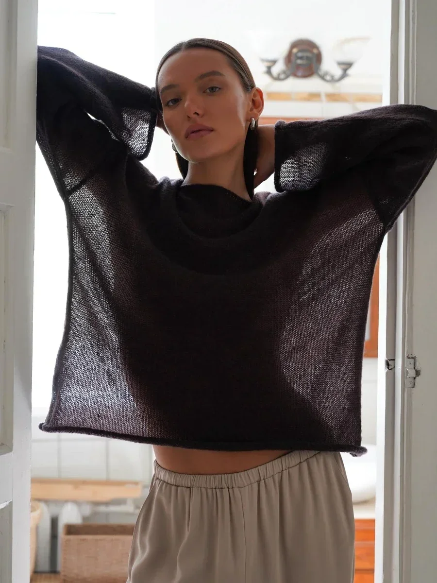 Elegancki luźny sweter damski na jesień Ciemny brąz