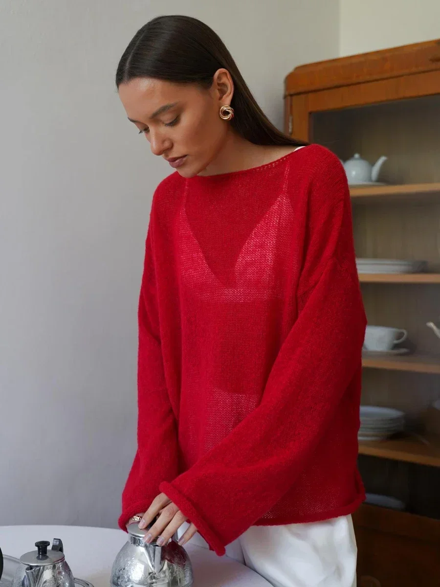 Elegancki luźny sweter damski na jesień Czerwony