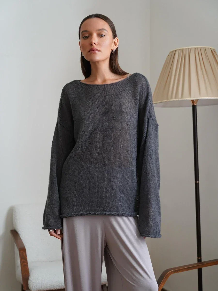 Elegancki luźny sweter damski na jesień Szary