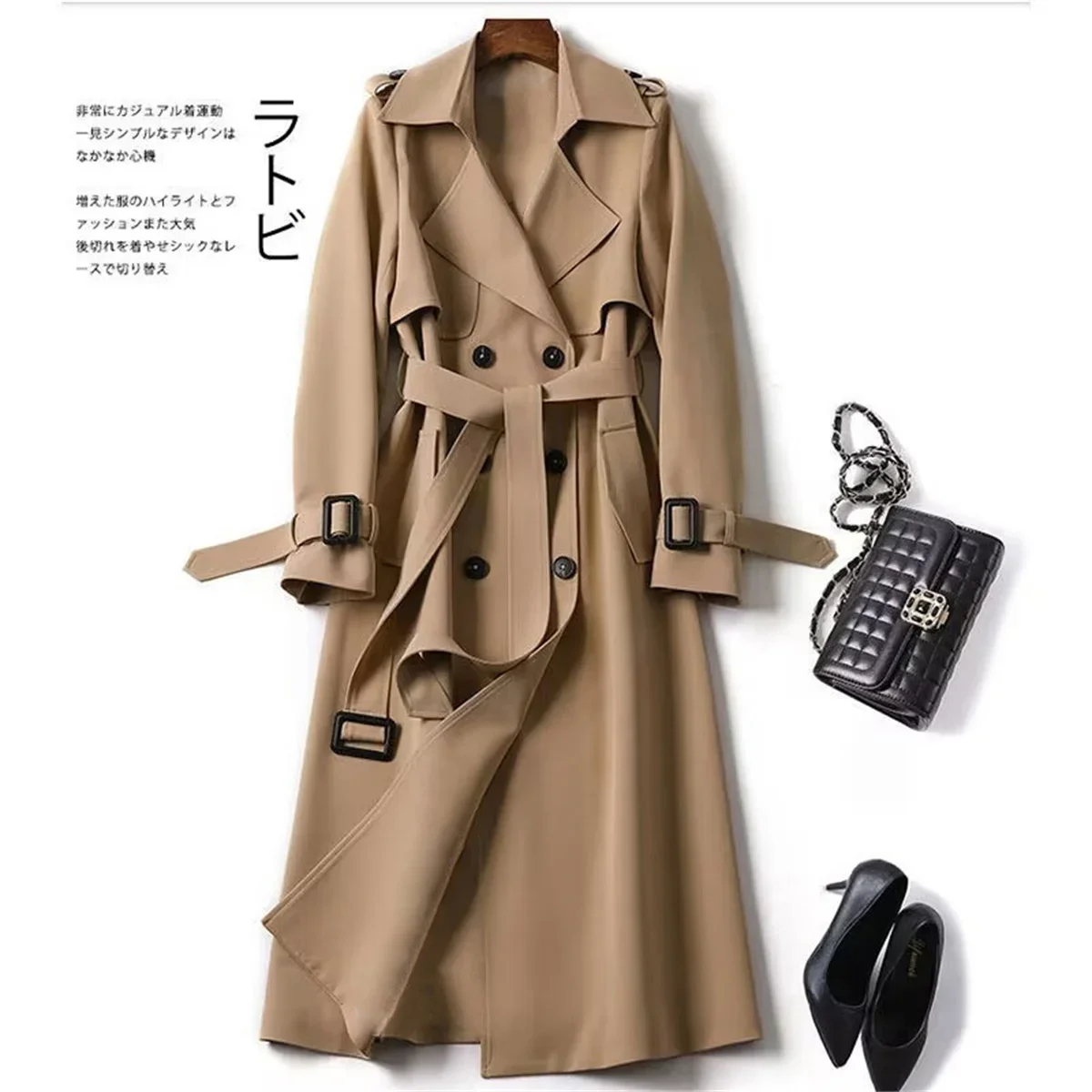Elegancki płaszcz midi z guzikami w stylu brytyjskim Khaki