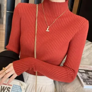 Elegancki sweter z golfem dopasowany długi rękaw Koralowa czerwona