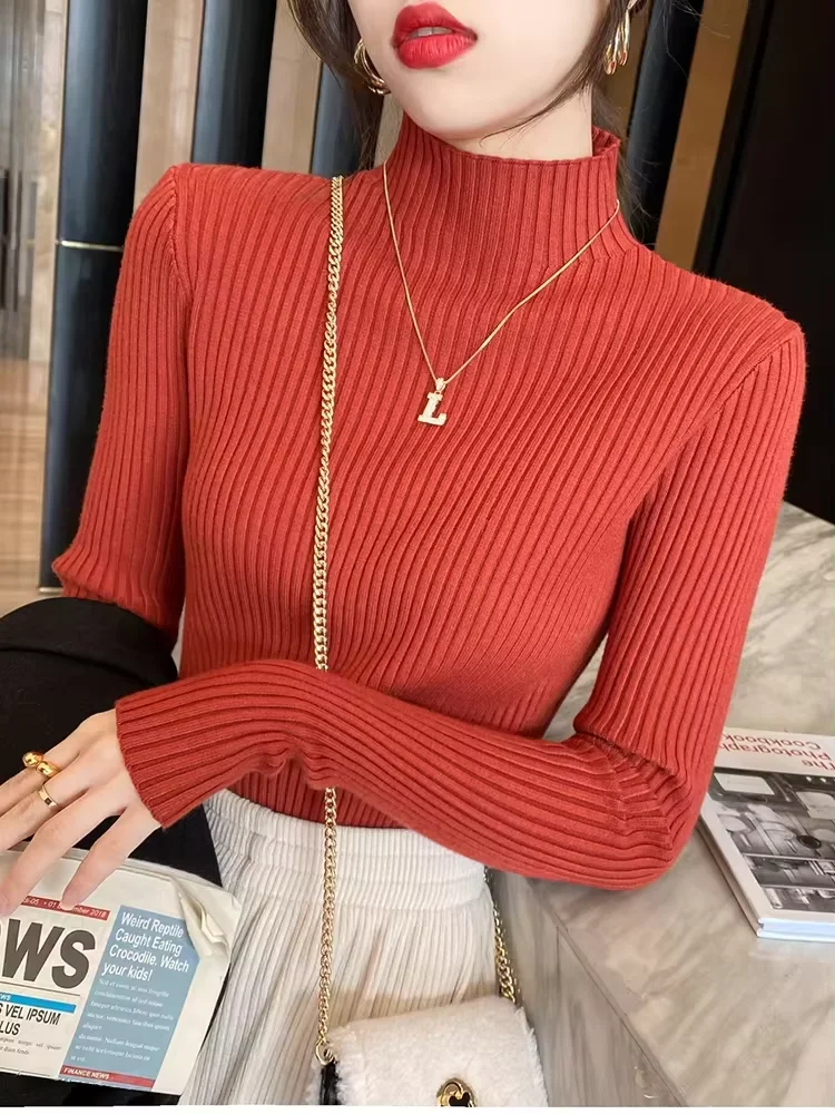 Elegancki sweter z golfem dopasowany długi rękaw Koralowa czerwona