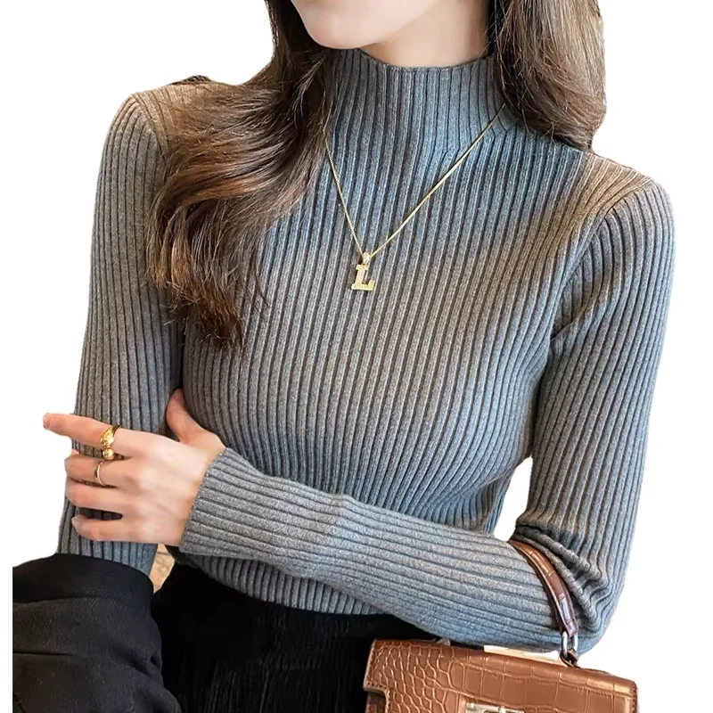 Elegancki sweter z golfem dopasowany długi rękaw Szary