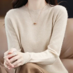 Elegancki sweter z wełny merynosów z dekoltem okrągłym Beżowy