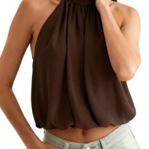 Elegancki top halter z odkrytymi plecami Ciemny brąz