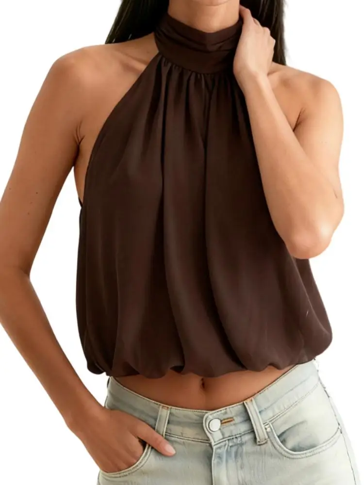 Elegancki top halter z odkrytymi plecami Ciemny brąz