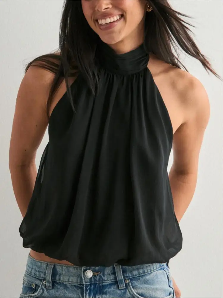 Elegancki top halter z odkrytymi plecami Czarny