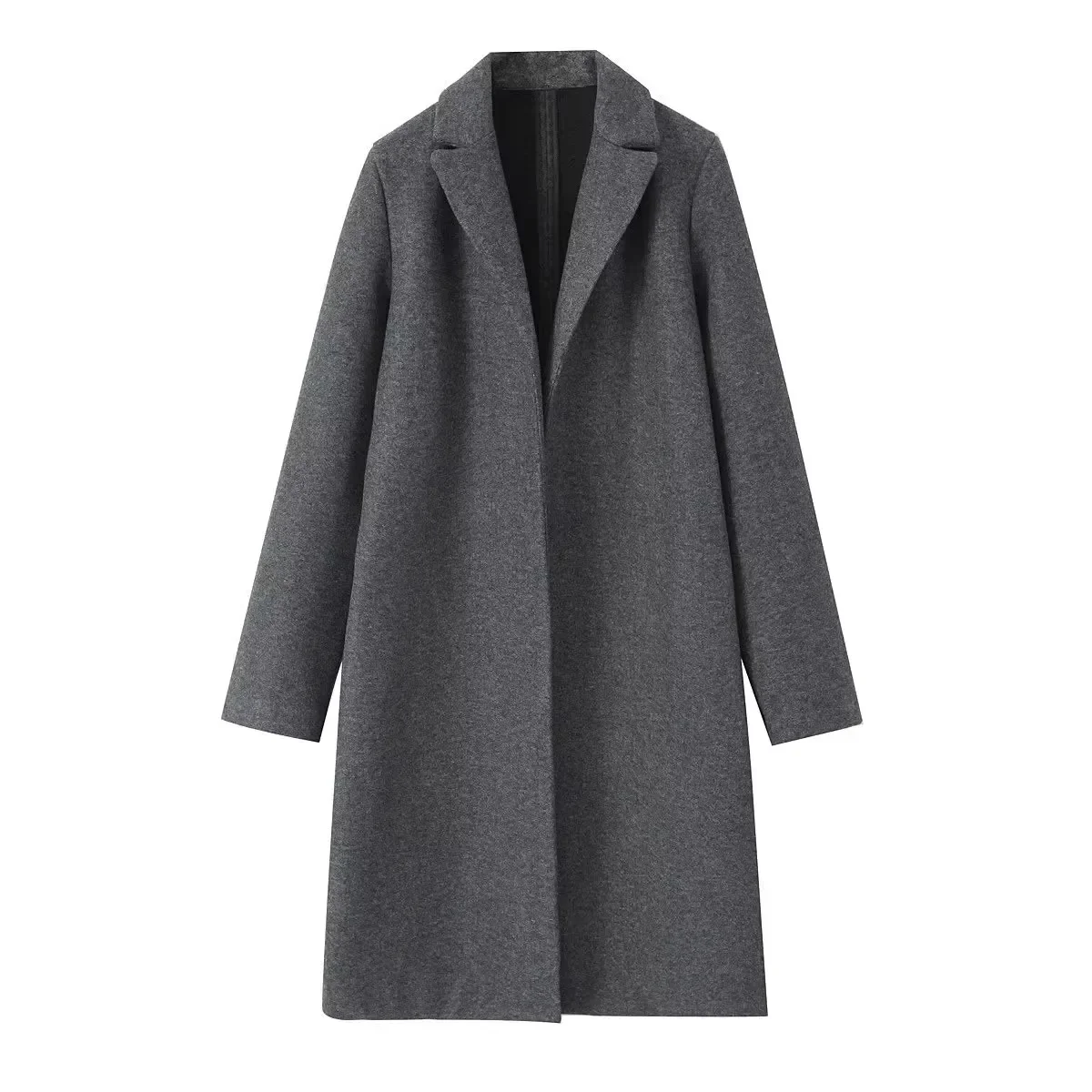 Elegancki wełniany trencz damski z odkrytymi szwami – vintage Ciemnoszary
