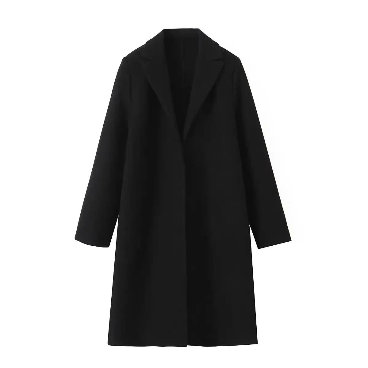 Elegancki wełniany trencz damski z odkrytymi szwami – vintage Czarny