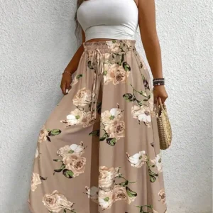 Eleganckie spodnie plus size z szerokimi nogawkami i nadrukiem Khaki