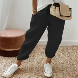 Eleganckie spodnie damskie plus size ze sznurkiem w pasie Czarny
