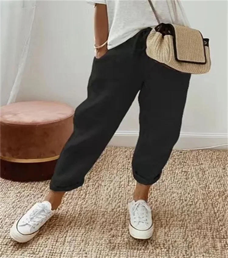 Eleganckie spodnie damskie plus size ze sznurkiem w pasie Czarny