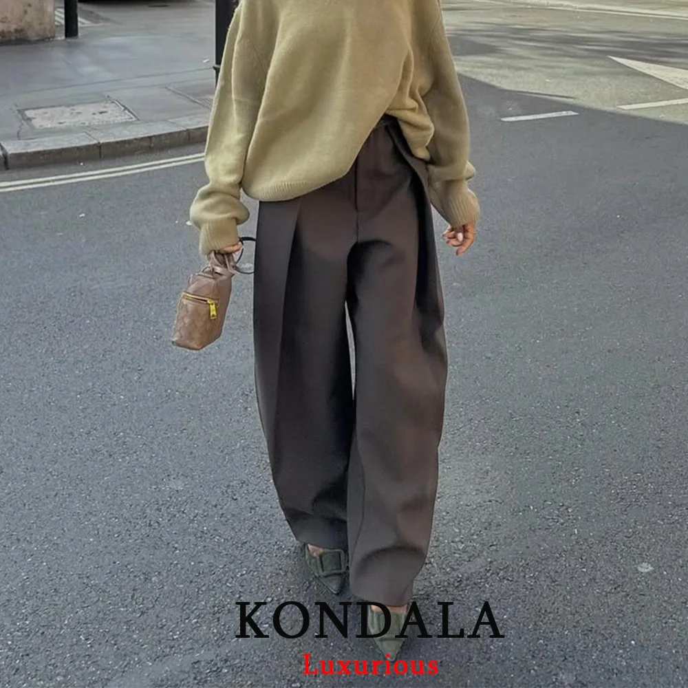 Eleganckie spodnie z szeroką nogawką do biura z kieszeniami Brązowy