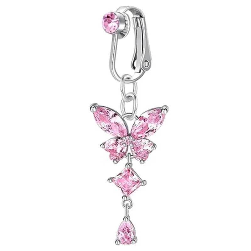 Fałszywy piercing pępka z motylem i cyrkonią – klips bez przekłucia Kolor jasnożółtego złota